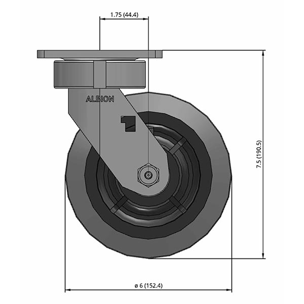 Side view drawing of caster with dimensions